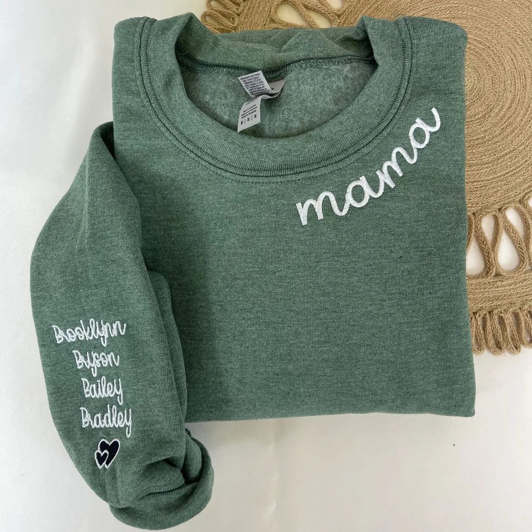 Custom Embroidered Mama Sweatshirt With Kids Name on Sleeve, Personalized Mom Sweatshirt, Minimal... | Etsy (US)