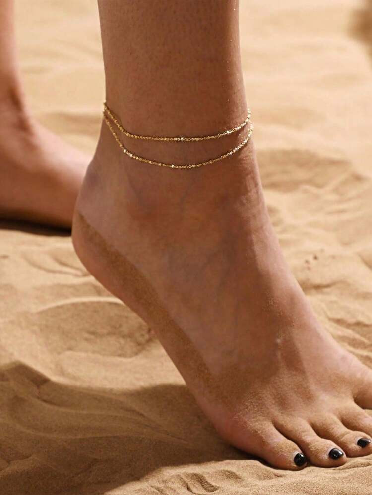 This Cold And Simple, Versatile Golden Chain Double-Layer Anklet Is Suitable For Wearing On Any Occasion During A Beach Vacation Or As A Gift For Women | SHEIN