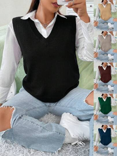 Sunspun Plus Size Solid Color V-Neck Sweater Vest, For Winter Fall | SHEIN