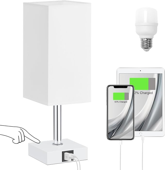 Touch Table Lamp for Bedroom - Dimmable, USB C+A, White Lamphade White Base | Amazon (US)