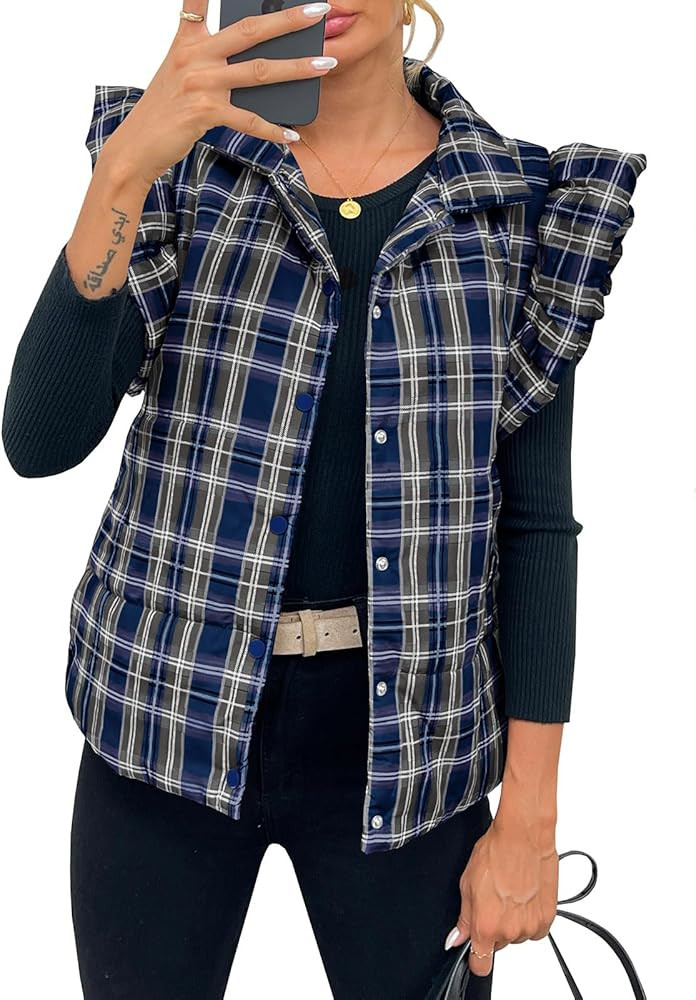 Tankaneo Womens Plaid Puffer Vests Ruffle Sleeveless Lightweight Quilted Vest Fall Winter Padded ... | Amazon (US)