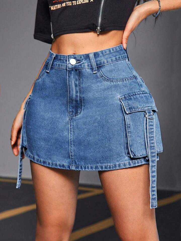 SHEIN EZwear Women's Plain Simple Denim A-Line Skirt For Daily Wear | SHEIN