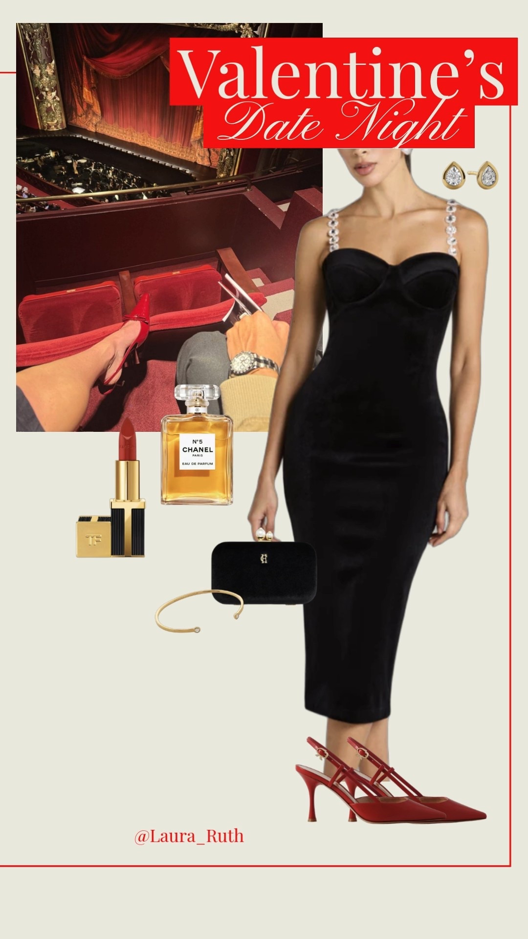 A night at the theatre calls for timeless romance. A elegant black evening dress, red heels, classic gold jewelry, a refined black clutch, iconic red lipstick, and a signature luxury fragrance. ♥️ Date night outfits, valentines outfits women


#LTKdatenight #LTKuk