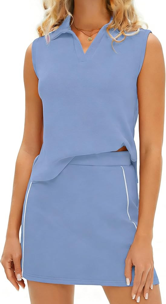 Glamaker Womens Two Piece Skirt Set Summer Tennis Outfits Casual V Neck Sleeveless Top Short Skor... | Amazon (US)