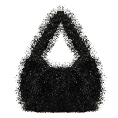 Faux Fur Fluffy Hobo Bag Furry Handbag Purse Y2K Fuzzy Tote Bag,Trendy Cute Plush Purse for Women (Black) | Amazon (US)