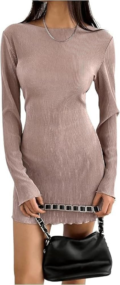 Fall Dresses,Bodycon Dress Womens,Solid Color Dress for Women,Long Sleeve Dresses,Boat Neck,Slim ... | Amazon (US)