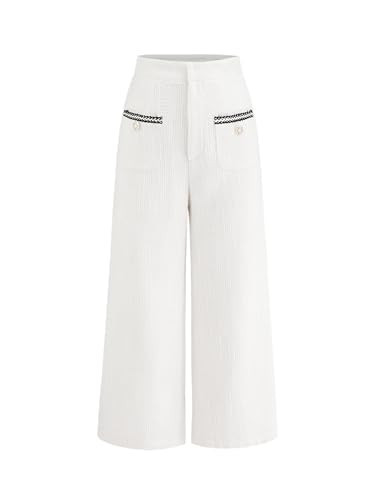 CIDER Tweed Mid Waist Solid Button Wide Leg Trousers: White, XL | Amazon (US)