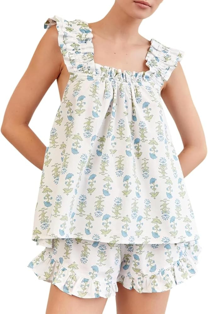 Women Cute Ruffle Pajama Set 2 Piece Summer Pjs Floral Print Cami Top and Shorts Sleepwear Lounge... | Amazon (US)