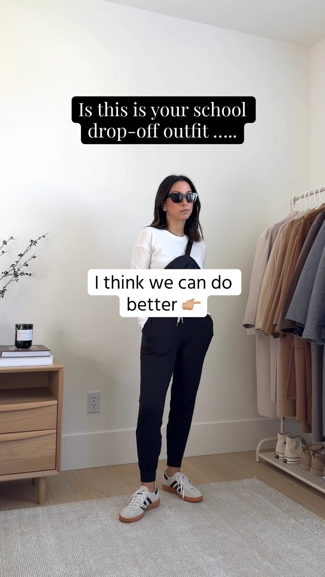 Instead of this, try this - School drop off outfits. You can still look put together while stay comfortable. 

Look 1
Alex Mill cardigan small
Everlane tee medium
Old Navy leisure pants petite small, but run tts
Adidas SL72 Sneakers 5 womens
Mansur Gavriel tote
YSL sunglasses
Blue Nile earrings

Look 2
Polo Sweatshirt small
Jenni Kayne sweaters xs 
Amazon socks
New Balance 530's 4 mens
Gap hat
Mansur Gavriel tote
Blue Nile earrings

Look 3
Gap jacket petite xs
Everlane tee medium
Frank & Eileen sweats small
Adidas SL72 Sneakers 5 womens
Mansur Gavriel tote
Fine Art hat (old, linked similar)


Look 4
Varley pullover small, but runs tts
Varley pants xs 28" inseam
Polo Ralph Lauren hat
Everlane tee medium
Dorsey James necklace 15"
New Balance 530's  4 mens
Cuyana tote small Stone color

Petite style, athleisure, mom outfits 

#LTKPetite #LTKmomlife