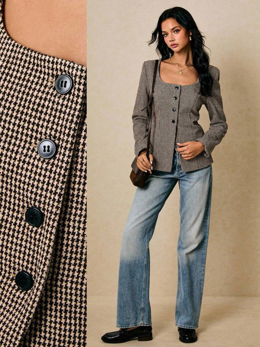 Poéselle Women's Houndstooth Square-Neck Button Blazer | Vintage Preppy Tailored Jacket,Square N... | SHEIN