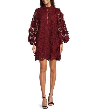 J.Marie Seraphina Floral 3D Lace Split Round Button Up Neck Long Sleeve Shift Dress | Dillard's | Dillard's
