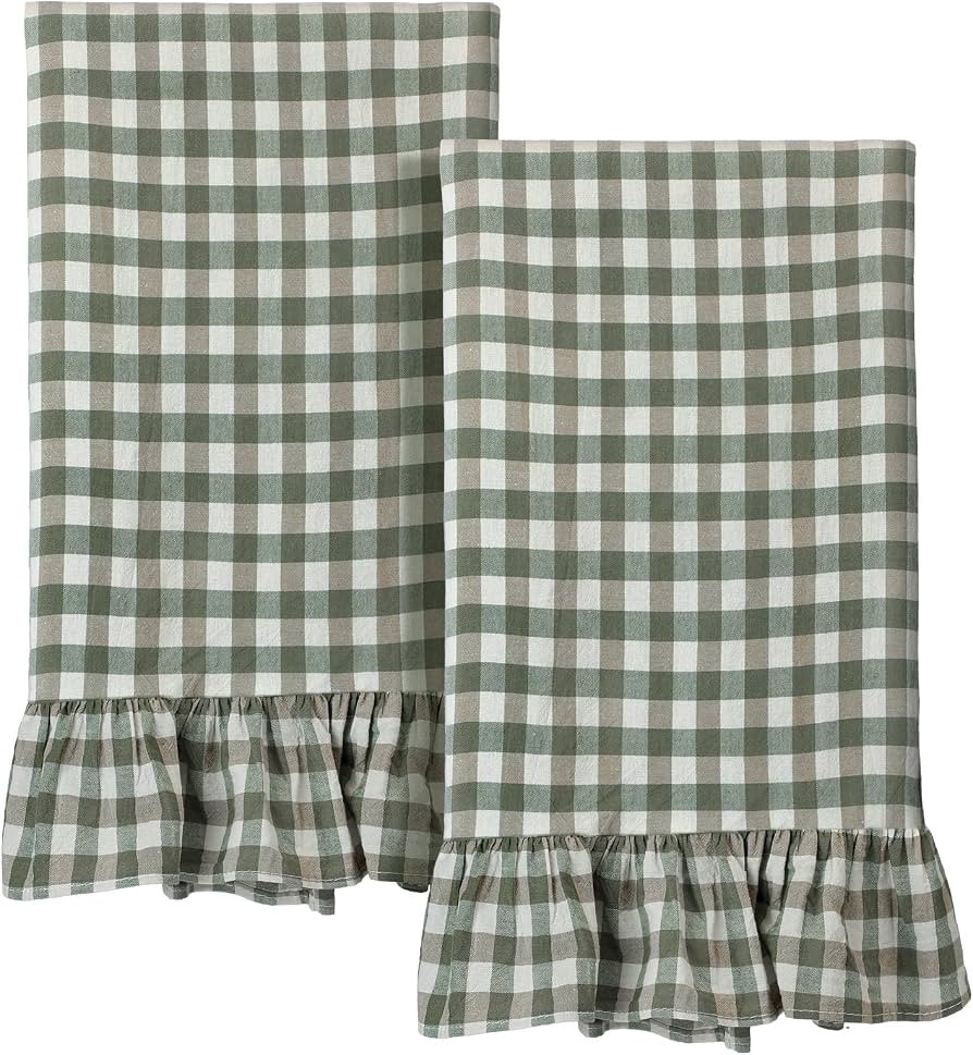 HunnmingRe Sage Green Kitchen Towels Set of 2, 100% Cotton Ruffled Gingham Dish Towels 18"x28" Te... | Amazon (US)