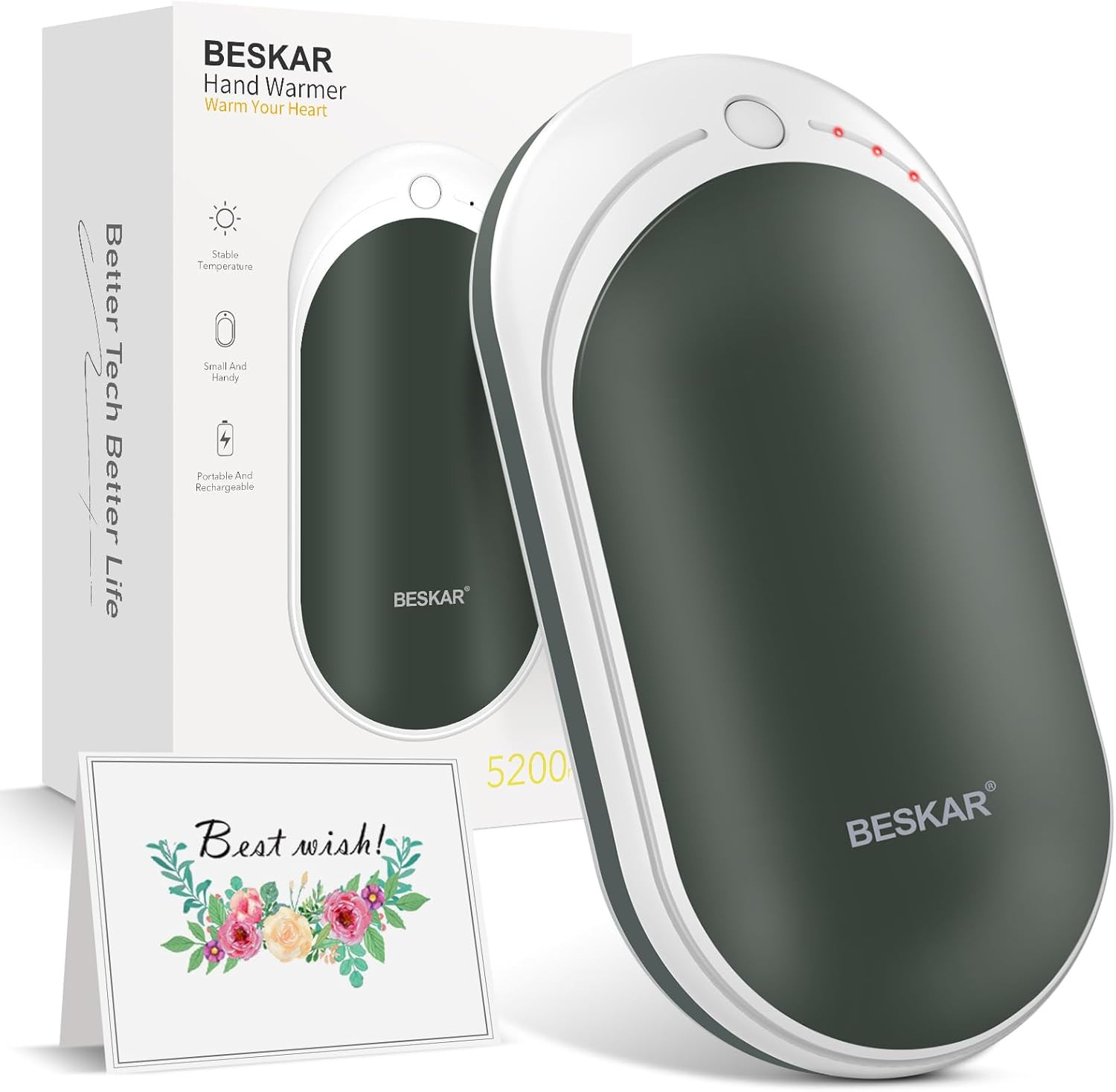 BESKAR Rechargeable Hand Warmer, 5200mAh Electric Hand Heater, Double-Sided Heating, USB Quick Ch... | Amazon (US)