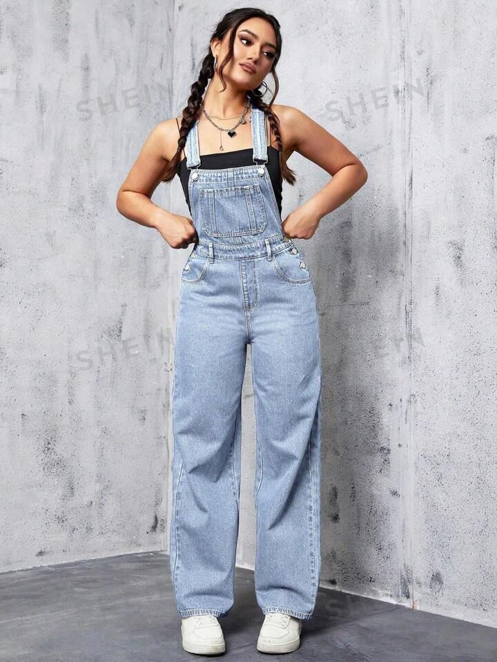 SHEIN EZwear Patched Pocket Denim Overalls Without Cami Top | SHEIN