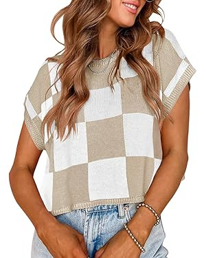 Saodimallsu Womens Cap Sleeve Crop Tops Summer Color Block Going Out Crew Neck Knit Trendy Casual... | Amazon (US)