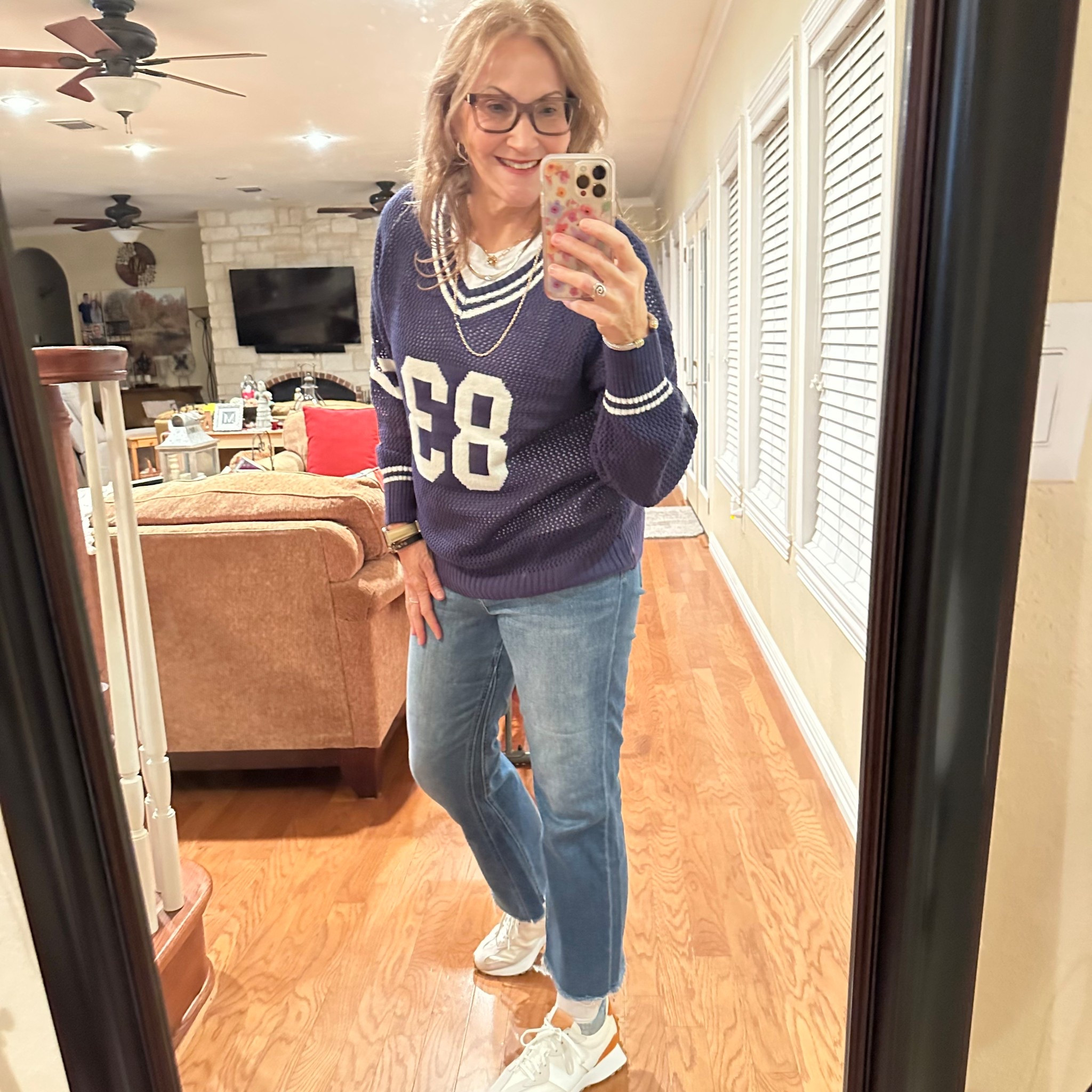 1983 was a great year and this is a great lightweight blue and  unique jacquard graphic at the front, complemented by a double knit stitch for added texture.

#LTKvlog #LTKMidsize #LTKootd