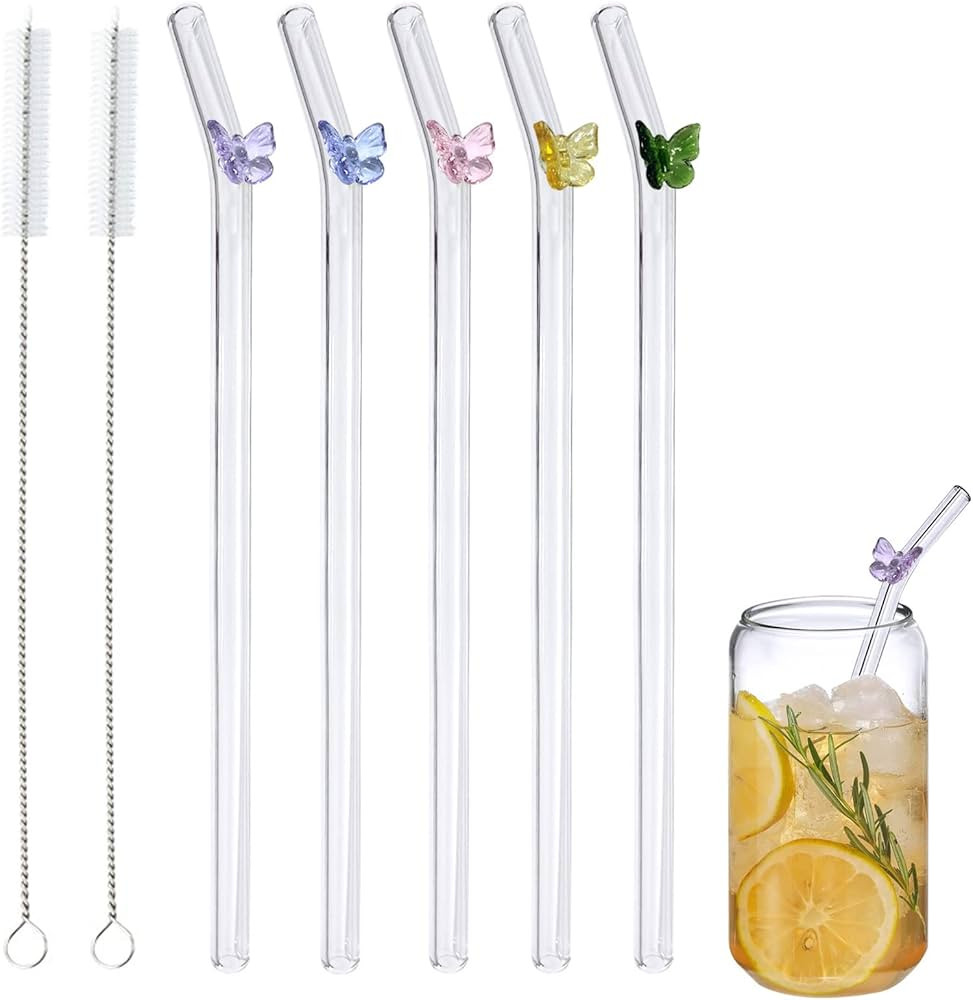 5 Pcs Reusable Glass Straws,Colorful Butterfly on Clear Straws With Design 7.9in X 8mm Shatter Re... | Amazon (US)