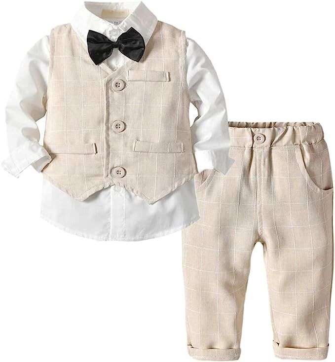 ARTMINE Boys 3-Piece Vest Suits Set Long Sleeve Shirts and Pants Outfits Set with Tie | Amazon (US)