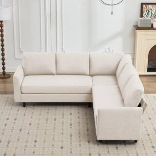 83.5 in. L-Shaped Chenille Mid-Century Linen Fabric Sectional Sofa, 5-Seat Sectional Couch for Living Room in Beige | The Home Depot