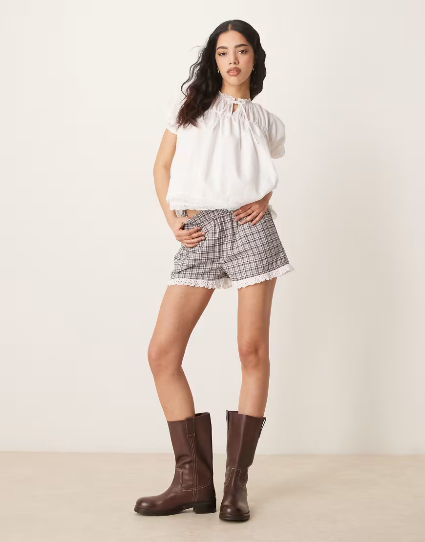 ASOS DESIGN lace trim shorts in brown check-Multi | ASOS (Global)