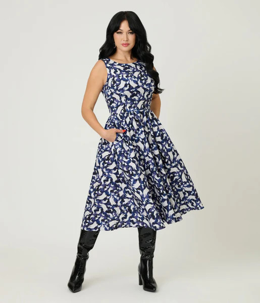 Retrolicious Black Ghost Print Cotton Midi Dress | UniqueVintage