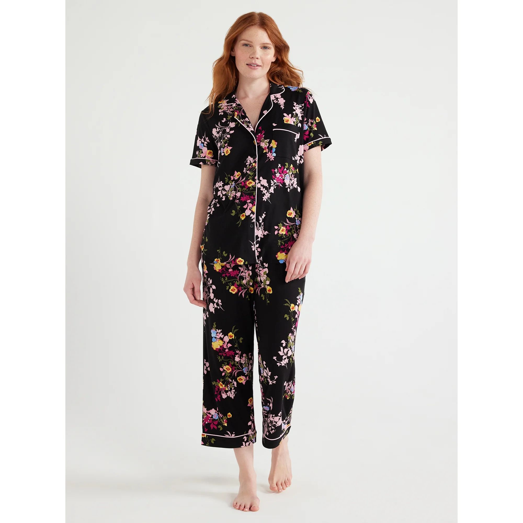Joyspun Women's Knit Notch Collar Top and Capri Pants Pajama Set, 2-Piece, Sizes S to 3X - Walmar... | Walmart (US)
