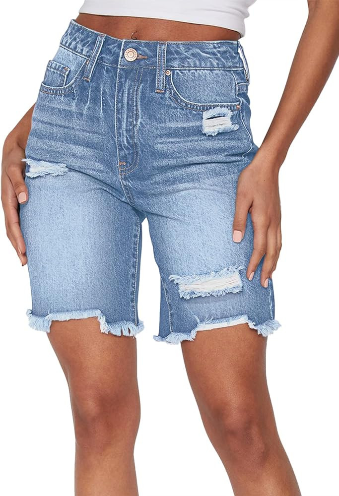 HUUSA Women's High Waist Ripped Denim Shorts Frayed Hem Destroyed Mid Thigh Short Jeans Casual Be... | Amazon (US)