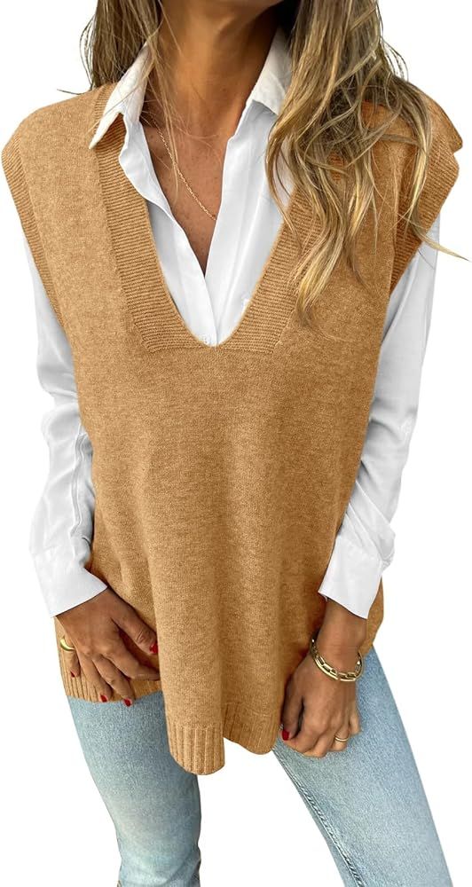Danedvi Women's Oversized V Neck Knit Sweater Vest Sleeveless Casual Trendy Ribbed Pullover Tank ... | Amazon (US)