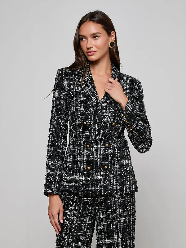 Colin Sequined Tweed Blazer in Black/Ivory Tweed Black Sequin | L'AGENCE | L'Agence