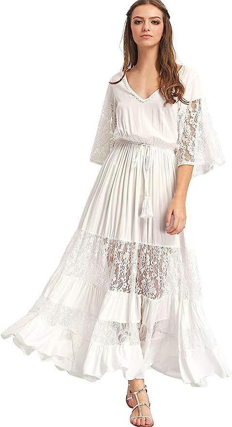 Milumia Women's Bohemian Drawstring Waist Lace Splicing White Long Maxi Dress | Amazon (US)