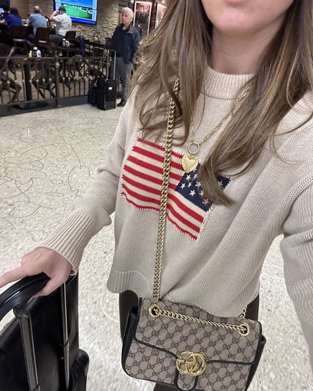 Wore my flag sweater, paired with brown leggings, for my travel outfit this weekend! Glad I packed this sweater bc I found myself grabbing it to mix & match with other outfits!!

Wearing a size medium in my flag sweater from Tuckernuck!

#LTKSeasonal #LTKStyleTip #LTKTravel