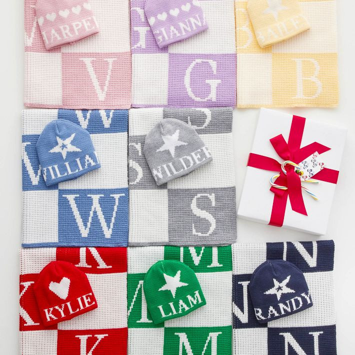 Initial Block Baby Stroller Blanket and Knitted Hat Gift Set | Mark and Graham