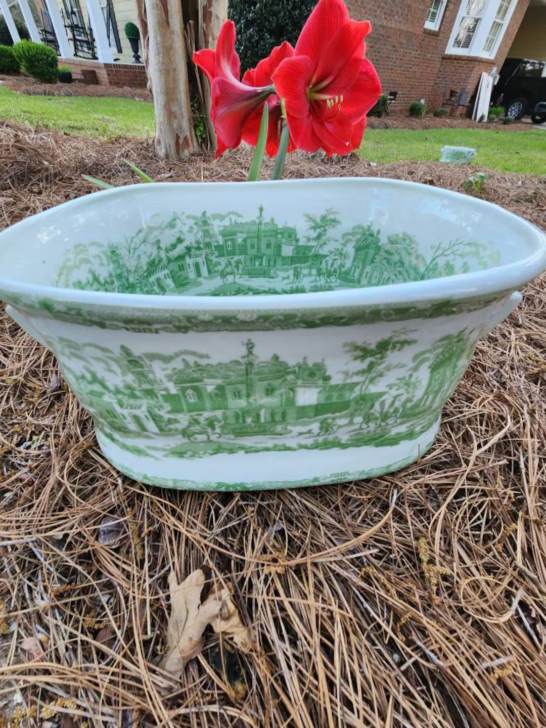 Chinoiserie Green & white Foot Bath Orchid Planter 18" 11" 8" Grand Millennial . 18 inches includ... | Etsy (US)