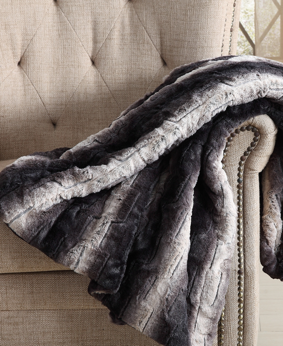 Christian Siriano Ny 60" x 70" Black Ombre Luxury Faux Fur Filled Throw with Gift Box - Black And Brown | Macy's