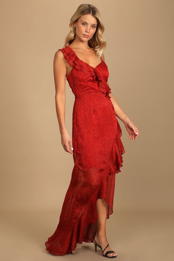 Wine Country Brick Red Print Asymmetrical Ruffled Maxi Dress | Lulus (US)