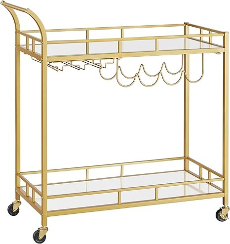 VASAGLE Bar Cart Gold, Home Bar Serving Cart, Wine Cart with 2 Mirrored Shelves, Wine Holders, Gl... | Amazon (US)