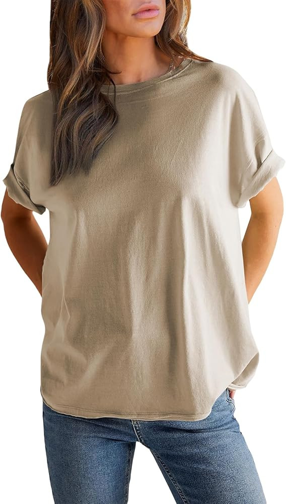 EVALESS Womens Fashion Summer Tops 2024 Crewneck Short Sleeve Oversized Tshirts Solid Color Tee S... | Amazon (US)