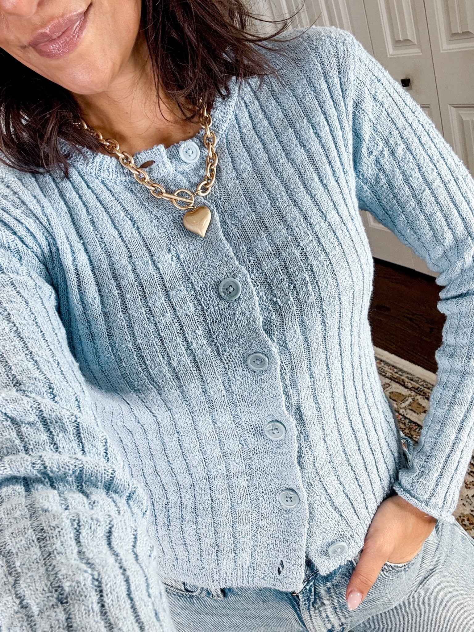 Cutest baby blue cardi 
Heart necklace looks $$!! But it’s Amazon 

#LTKWorkwear #LTKMidsize #LTKValentine