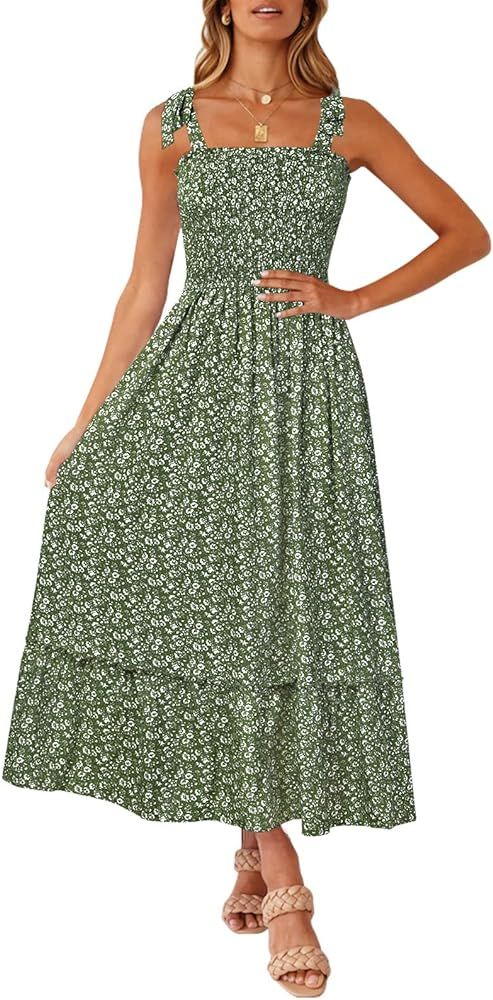 ZESICA Women's Boho Summer Floral Print Tie Straps Sleeveless Square Neck Smocked Flowy Ruffle A ... | Amazon (US)