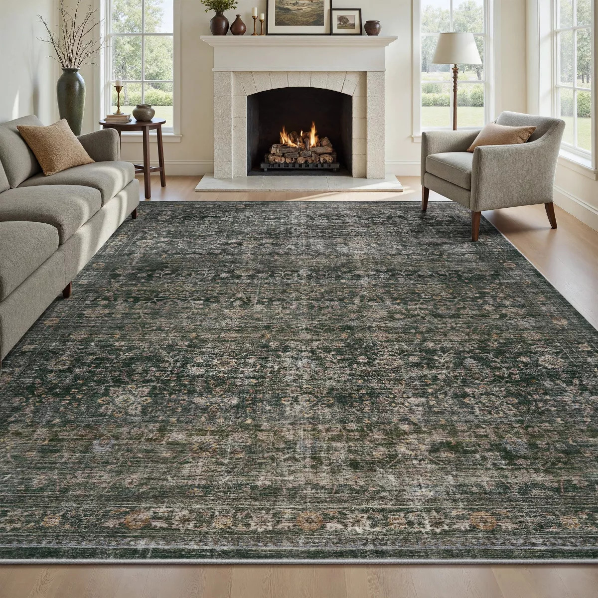 MontVoo Vintage Floral Washable Rugs Green | Target