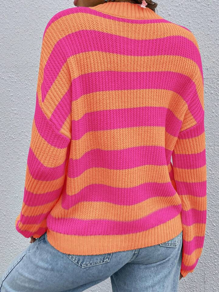 SHEIN Relaxiva Striped Pattern Drop Shoulder Sweater,Long Sleeve Tops | SHEIN