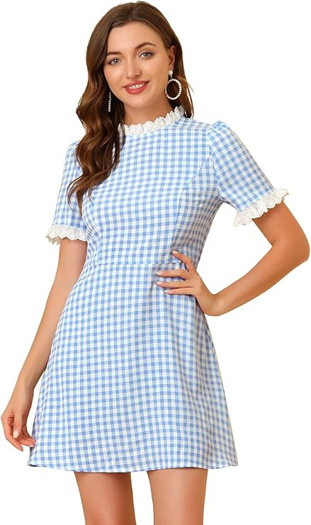 Allegra K Women's Summer Ruffle Neck Lace Panel Short Sleeve Check Gingham Dress | Amazon (US)