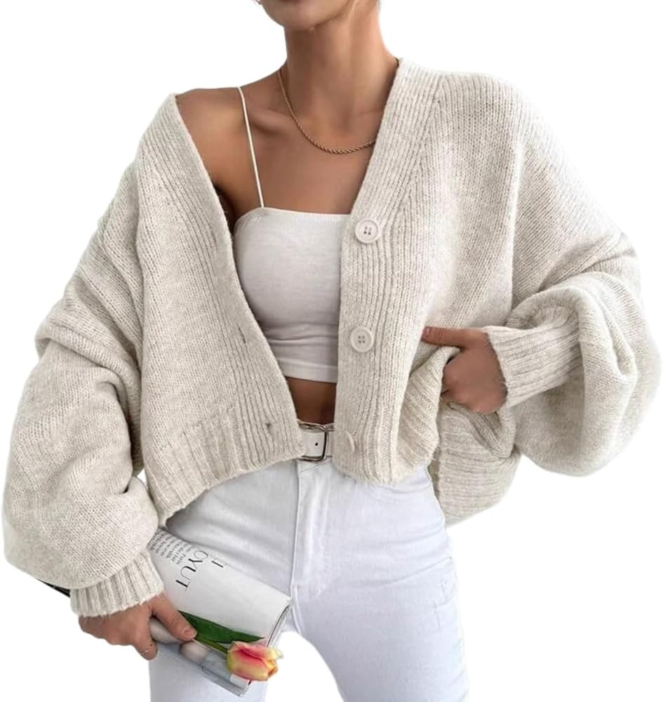 Women's Chunky Knit Open Front Sweater Balloon Sleeve Oversized Button Cardigan Outerwear Coats | Amazon (US)
