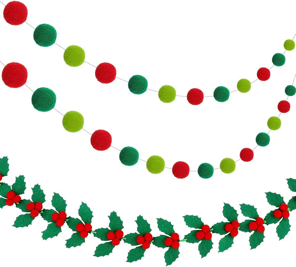 3 Pieces Christmas Felt Ball Banners Red and Green Pom Pom Garlands Holly and Berries Felt Banner... | Amazon (US)
