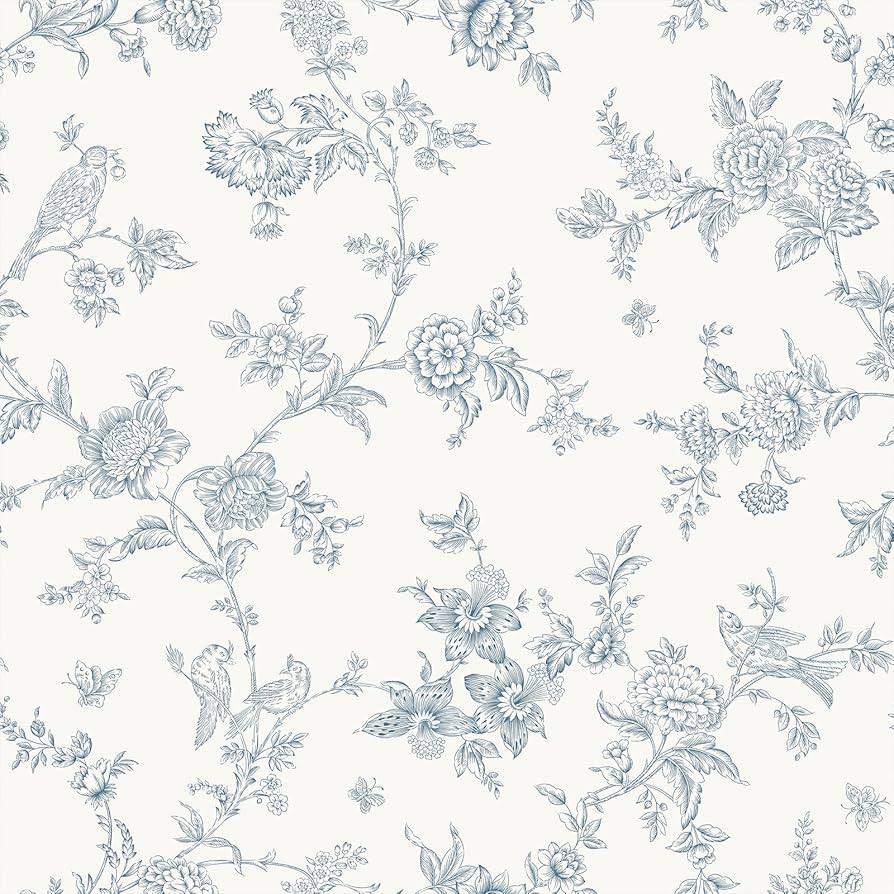 VEELIKE Cottage Blue Toile Wallpaper Peel and Stick Vintage Chinoiserie Birds Floral Wallpaper fo... | Amazon (US)
