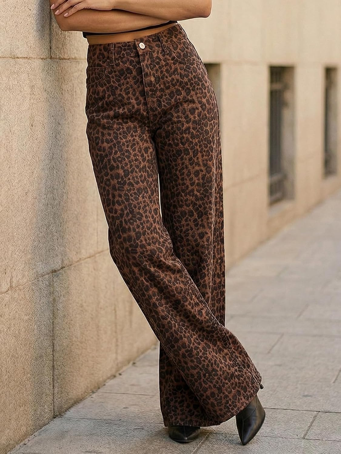 Cicy Bell Womens Wide Leg High Waisted Leopard Baggy Stretchy Jeans | Amazon (US)