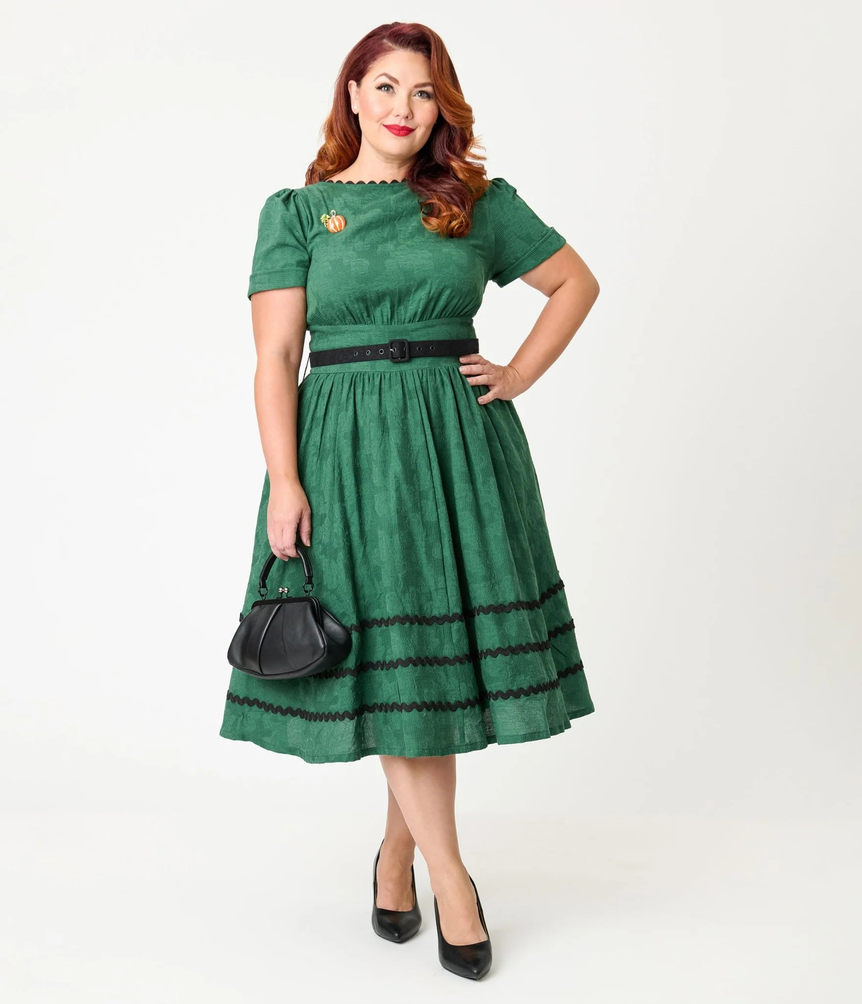 Unique Vintage Plus Size Emerald & Pumpkin Pin Cotton Swing Dress | UniqueVintage