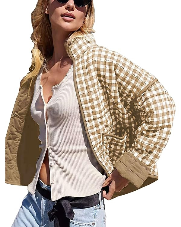 Zontroldy Women's Vintage Plaid Floral Print Cropped Puffer Quilted Jacket Lightweight Diamond Pa... | Amazon (US)