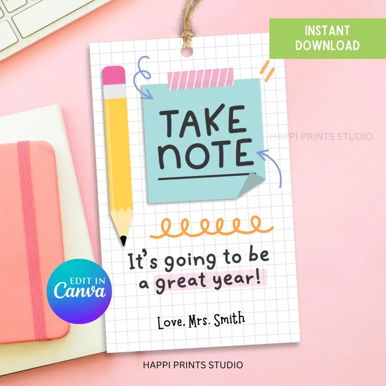 Take Note Great Year Gift Tag, Back to School Paper Pencil Post It Note Gift Tag, Editable First ... | Etsy (Global)