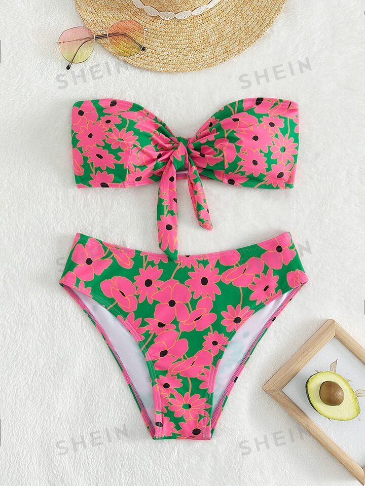 SHEIN Swim Mod Floral Print Knot Front Bandeau Bikini Swimsuit | SHEIN